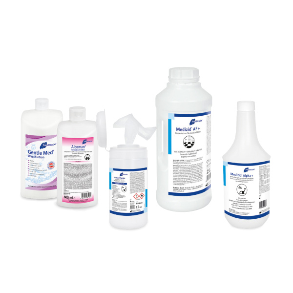 Set with washing lotion, hand disinfection, disinfectant wipes, concentrate for surface disinfection and disinfectant solution in plastic containers