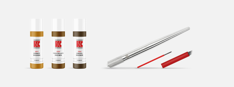 Swiss Color Microblading Produktauswahl, wie Microblading Farben, Blades und Pens. Alle Microblading Produkte sind hochqualitativ für professionelle Microblading Härchen und Shading Behandlungen.