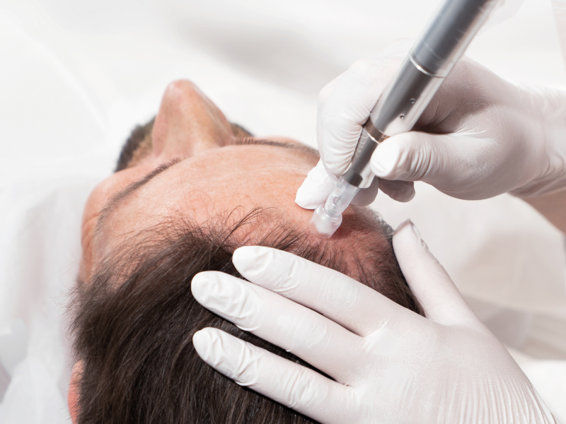 Dermaneedling treatment for a man to stimulate hair growth on the head